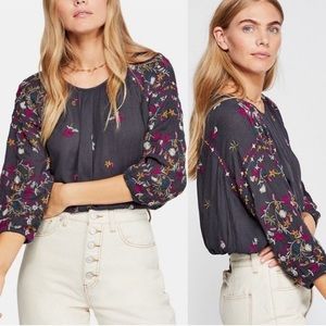 Free People Navy Blue Embroidered Cropped Peasant Top